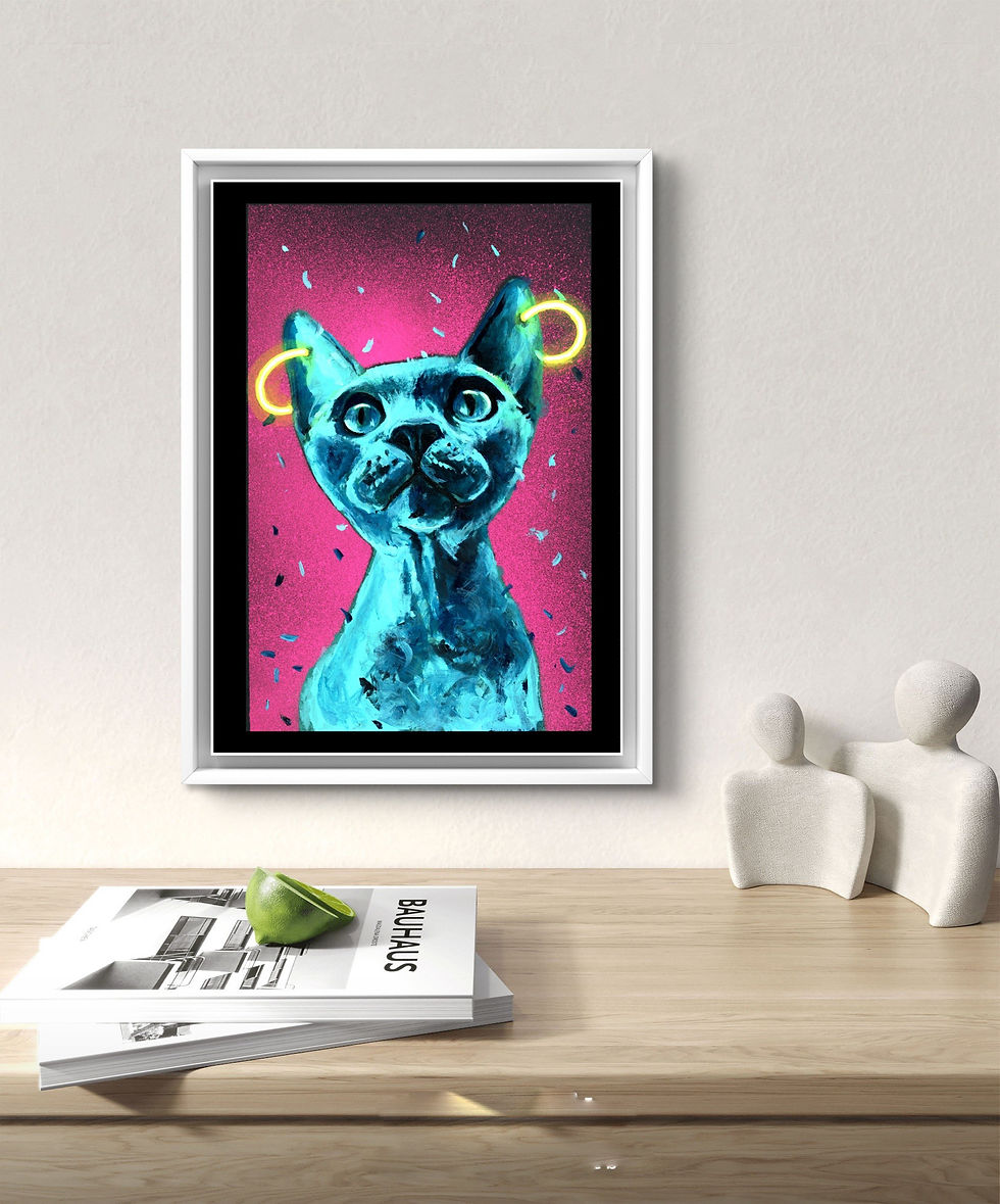 Thumbnail: Art print of blue neon cat with gold earrings against a pink background