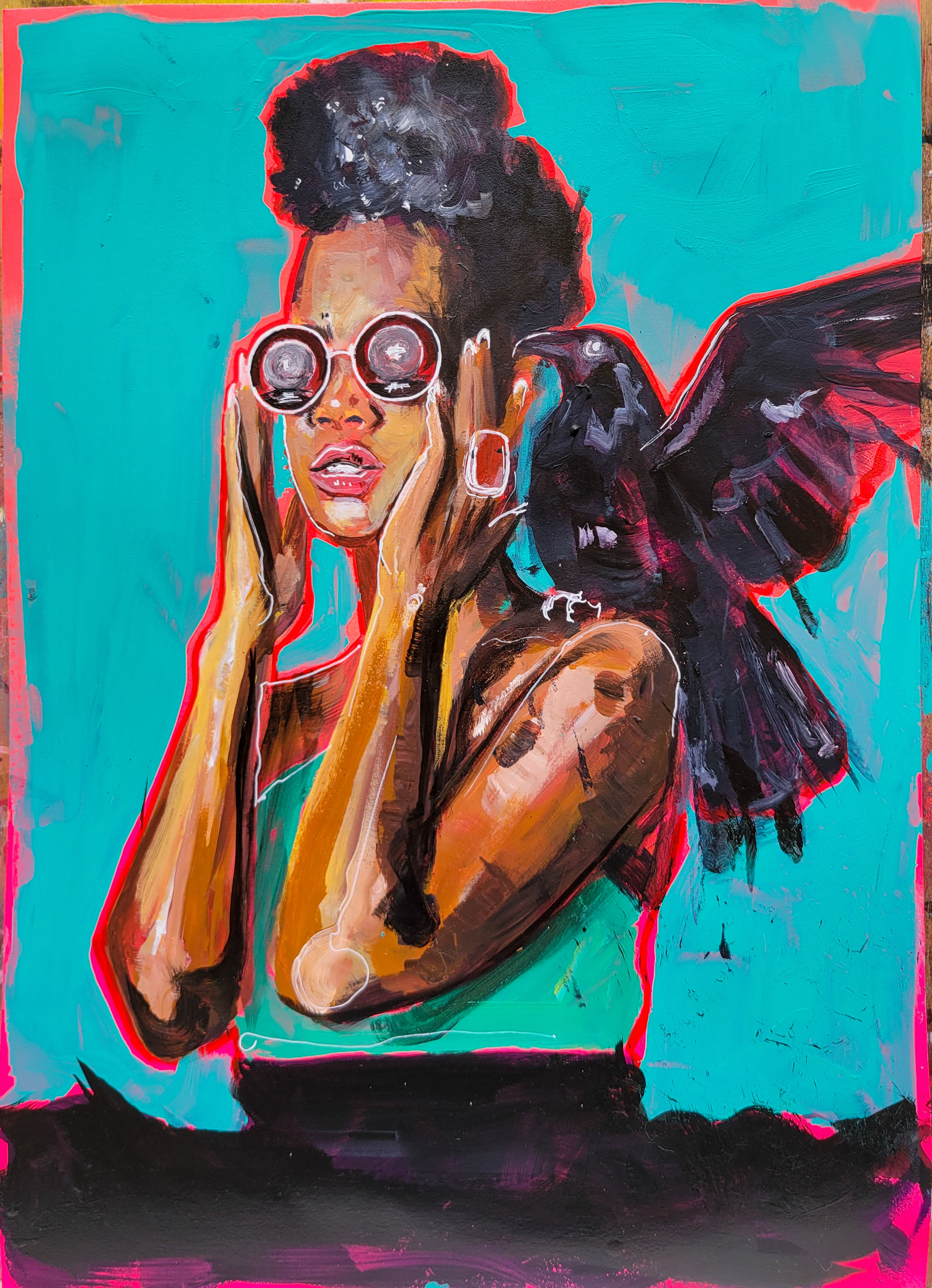 WOMAN WITH CROW ON SHOULDER AND DISCO BALLS IN GLASSES