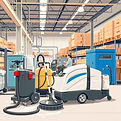 Professional industrial cleaning machines and janitorial equipment in a clean warehouse en