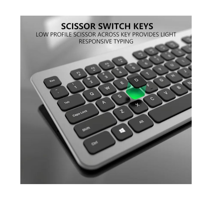 Thumbnail: A sleek keyboard with black keys, highlighting the "D" key in green. Text above reads: "SCISSOR SWITCH KEYS. LOW PROFILE SCISSOR ACROSS KEY PROVIDES LIGHT RESPONSIVE TYPING."
