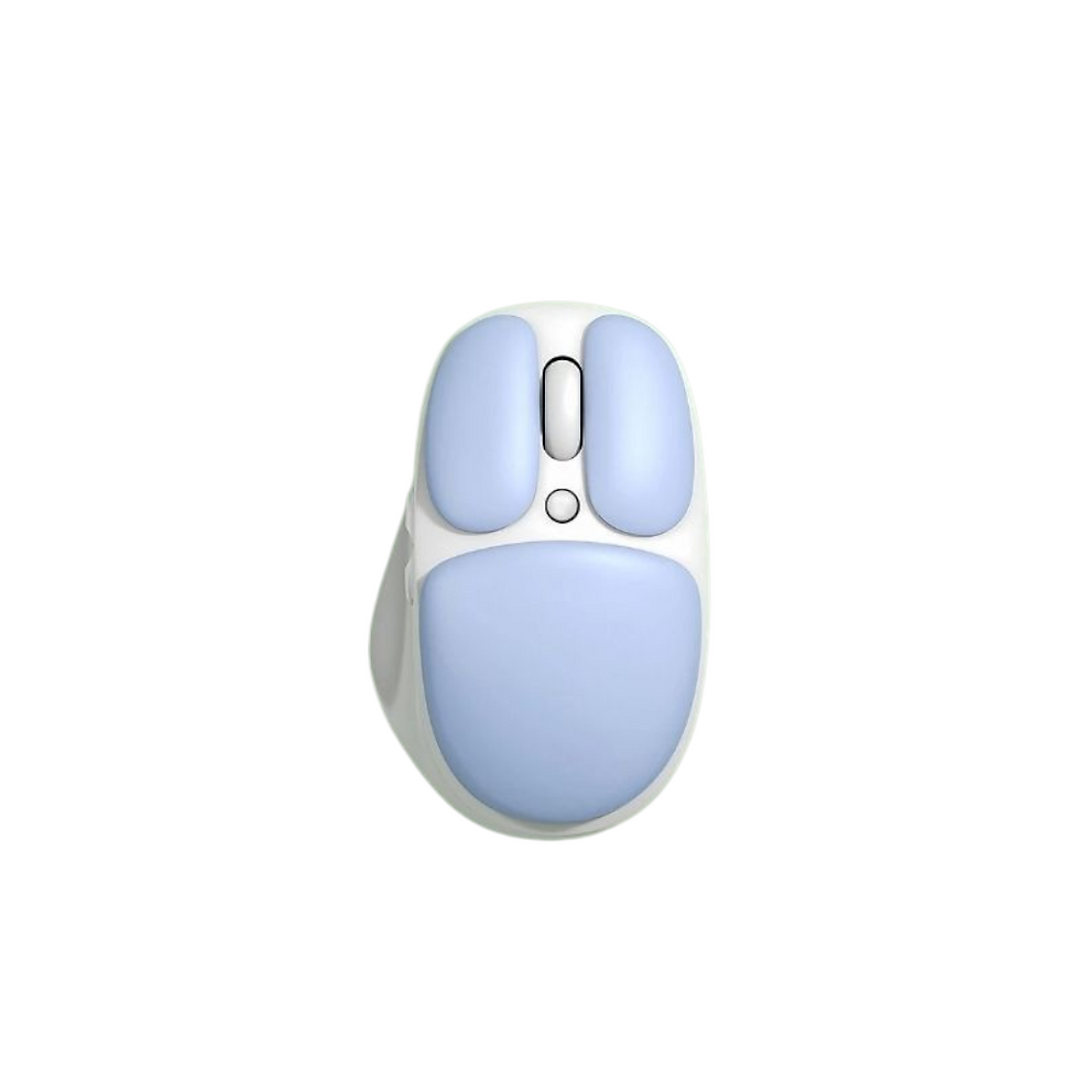 Thumbnail: Computer mouse with a white base and light blue buttons, resembling a paw shape.
