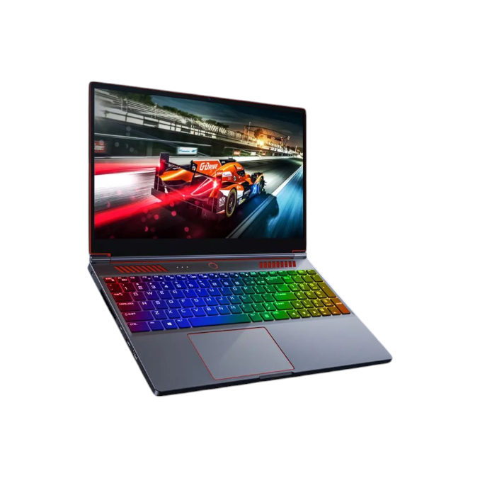 A sleek laptop with a thin bezel display showing a vibrant image of a racing car on a track at night. The keyboard is backlit with a rainbow of colors, transitioning from red on the left to purple, blue, green, and yellow on the right. The laptop has a large touchpad and a modern, minimalist design.