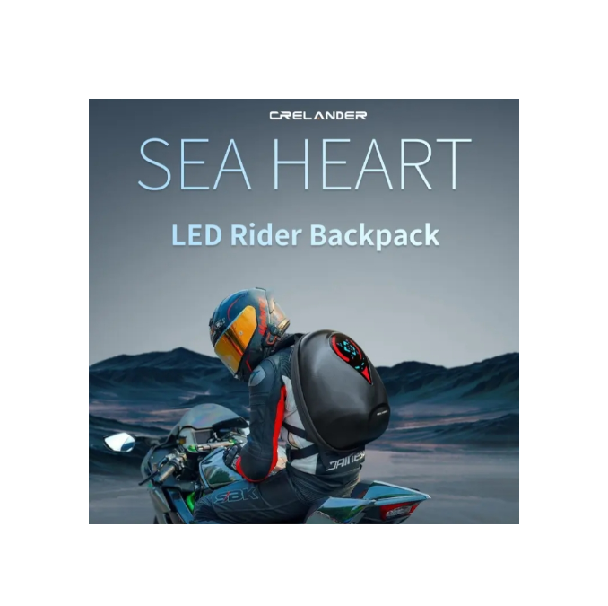 Thumbnail: Black oval LED backpack on a motorcycle rider