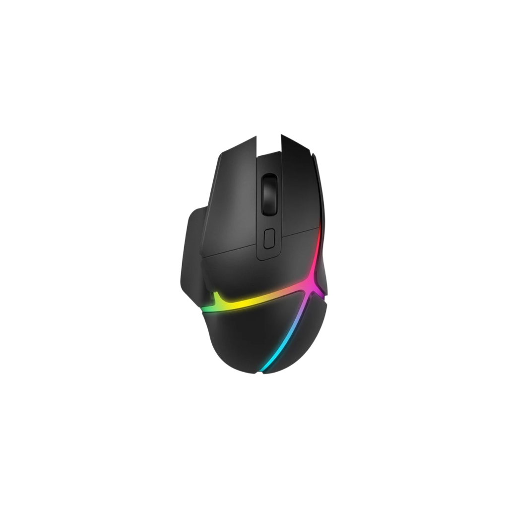 Black gaming mouse with RGB lighting and an ergonomic design.