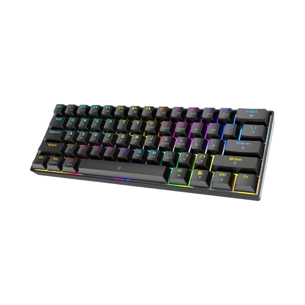 Compact black mechanical keyboard with colorful RGB backlighting and no number pad, featuring a minimalist design.