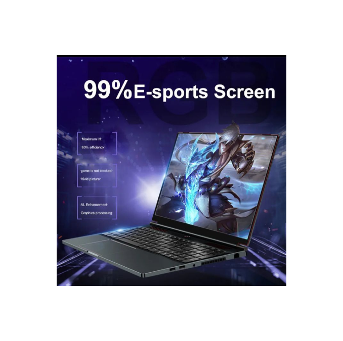 Thumbnail: Laptop with a gaming character on the screen. Text reads "99% E-sports Screen" with features like "Maximum lift," "60% efficiency," "game is not blocked," "Vivid picture," and "AI Enhancement Graphics processing."