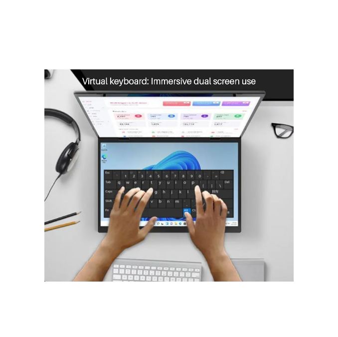 Thumbnail: Hand typing on dual screen laptop