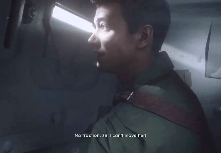 Thumbnail: A soldier inside a dim tank-like vehicle, lit by a bright slit window, with the subtitle: “No traction, Sir. I can’t move her