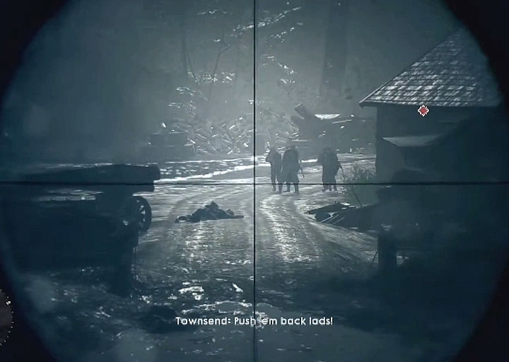 Thumbnail: Sniper scope on a wet road with a body, three distant soldiers, and subtitle: Townsend: Push ’em back lads!