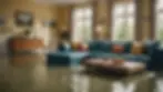 Eye-level view of a flooded living room with waterlogged furniture