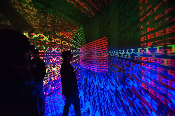 People in sillhouette stand in a room of trippy images of different text in different colors