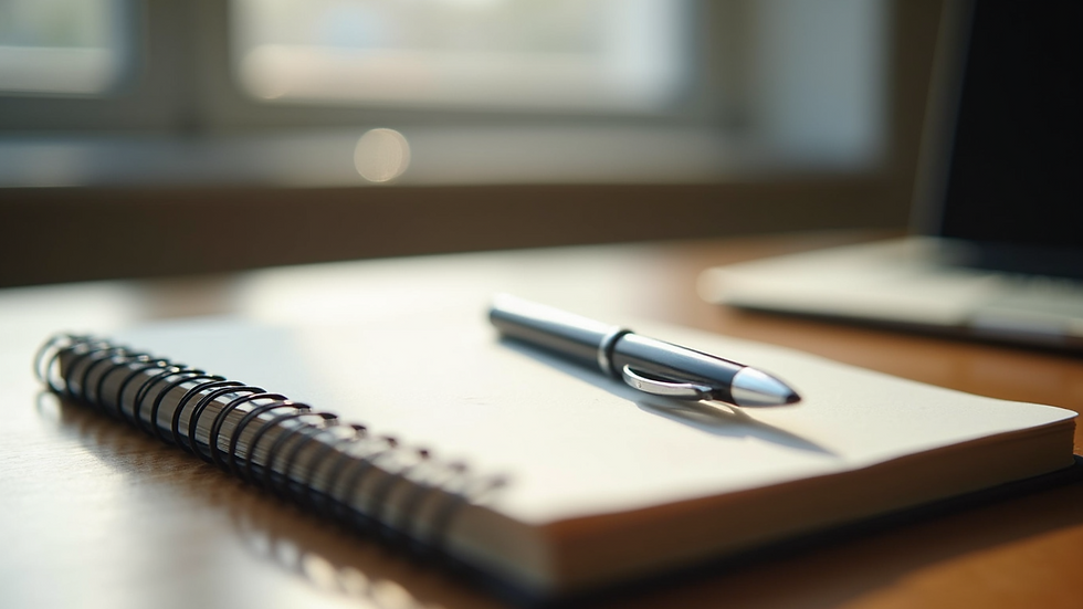 Close-up of a notebook with study notes and a pen on a desk