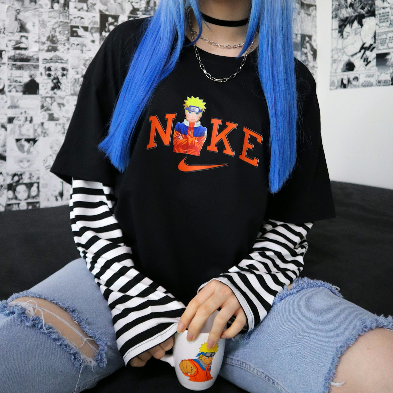 Naruto x Nike - (T-shirt con mangas de rayas) 