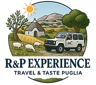 Logo R & P Experience con jeep, albero, costruzione in pietra
