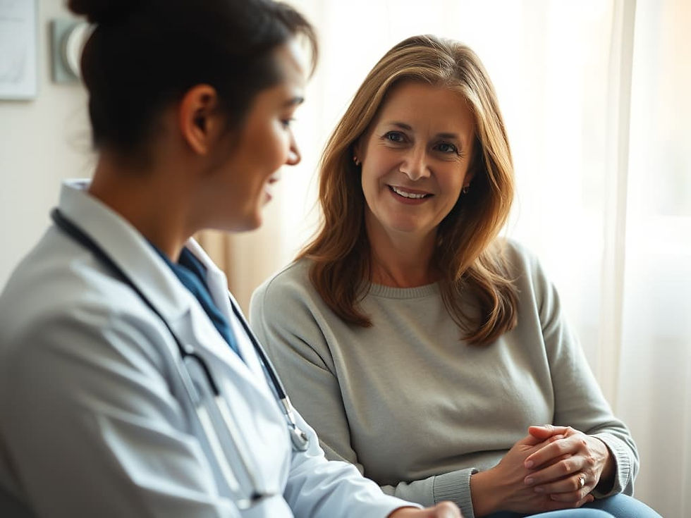 A woman smiling while discussing with a healthcare professional, representing a supportive consultation about different types of incontinence.