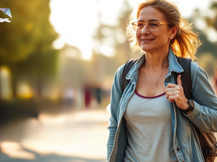  Smiling woman walking outdoors with a backpack, symbolising confidence and positivity in life after stoma surgery.