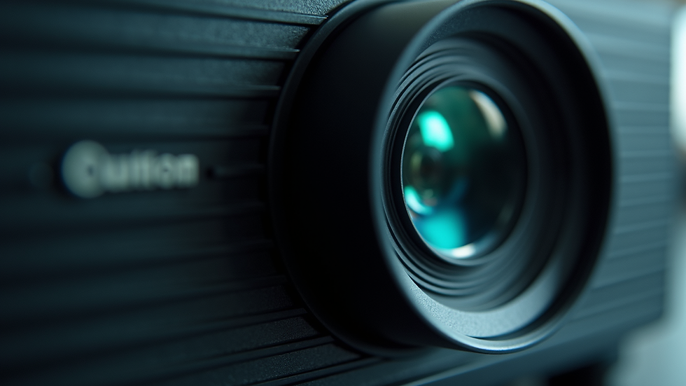 Close-up view of a high-end projector lens ready for use