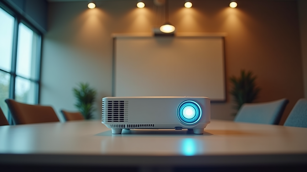 Eye-level view of a projector set up on a table in a conference room