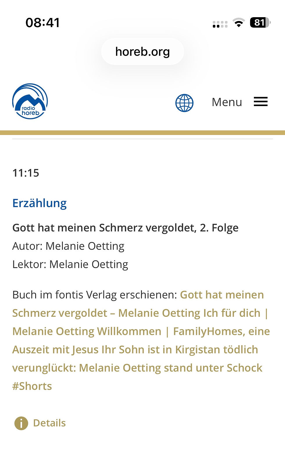 Lesung auf Radio Horeb zu meinem Buch "Gott hat meinen Schmerz vergoldet".