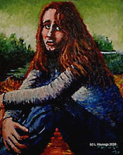 A somber woman sits in the same setting and against the same background as the famous painting.
