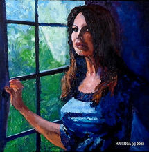 A lovely woman in blue seemingly waits at a window for someone. A painting by DeArtizt Hayenga