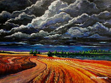 Dark ominous storm clouds are seen over orange fields and winding rows of grain.