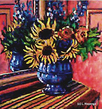 A porcelain blue vase with bright yellow sunflowers and green leaves reflects in the chest mirror of a red room.