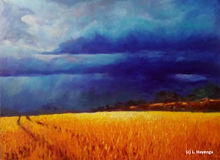 Dark clouds of deep blues and violets settle back over fields of yellow grass.