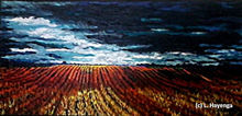 Rows of yellow, red and orange grain make their way to a gloomy horizon.
