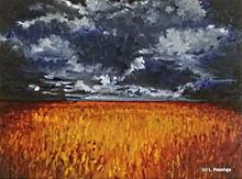 Fields of yellow grain are lit at night by a super moon behind the clouds in this painting by DeArtizt Hayenga