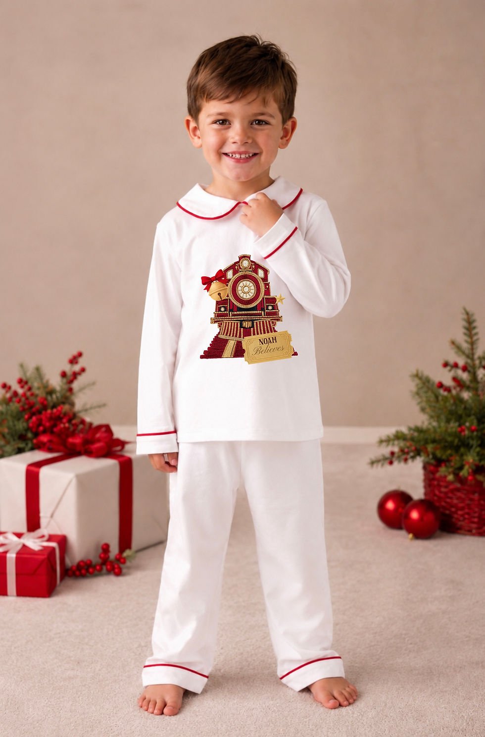 Thumbnail: Traditional red and white Christmas pyjamas
