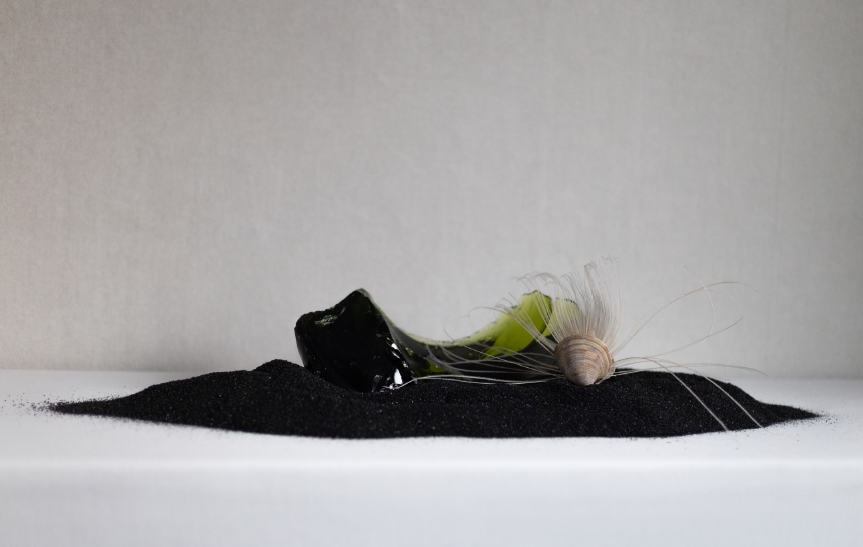 Aqua Angel (White) 2026 Glass, Peacock Feather, Clamshell, & Sand 23.6 x 9.8 x 6 in / 60 x 25 x 15 cm