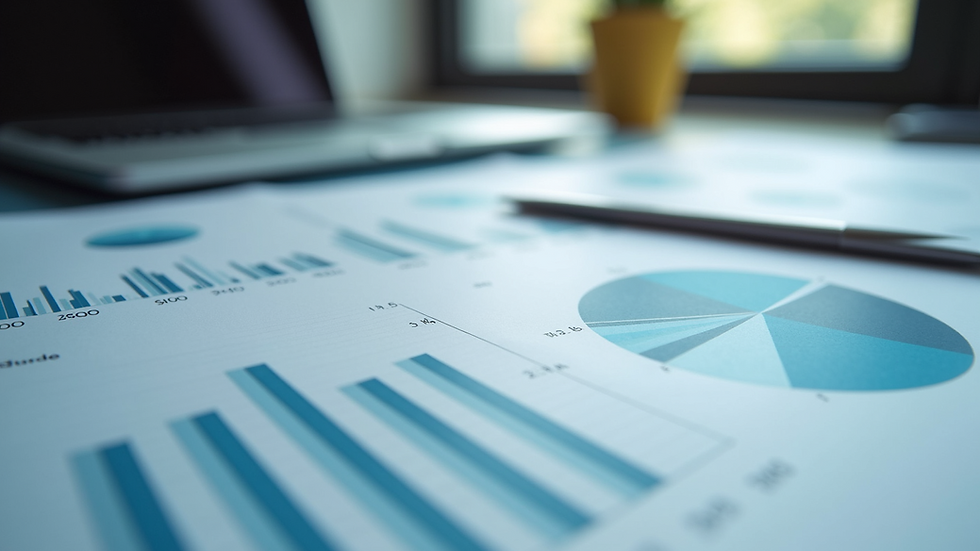 Eye-level view of financial graphs and charts spread across a desk