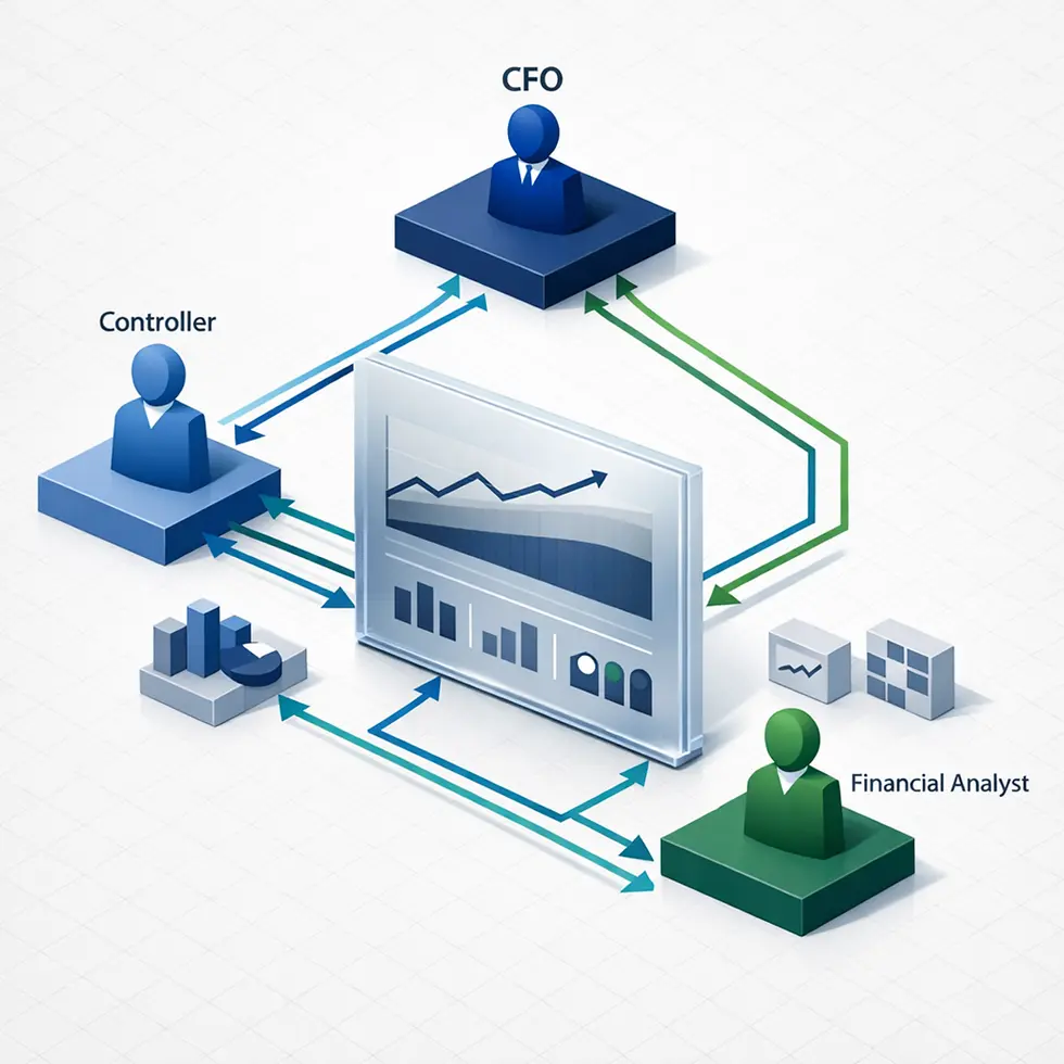 3D isometric diagram of an FP&A Pod finance team structure connecting a CFO, Controller, and Financial Analyst to a central dashboard.