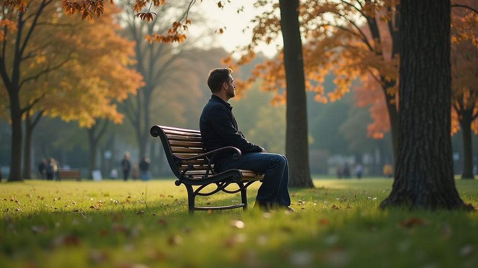 Eye-level view of a man sitting on a bench looking thoughtful in a park