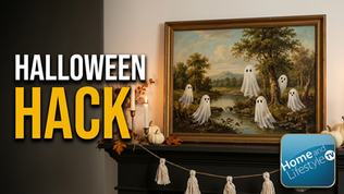 A thrifted oil painting already has the mood. one carefully painted ghost, and suddenly it becomes seasonal art that feels collected instead of kitschy.