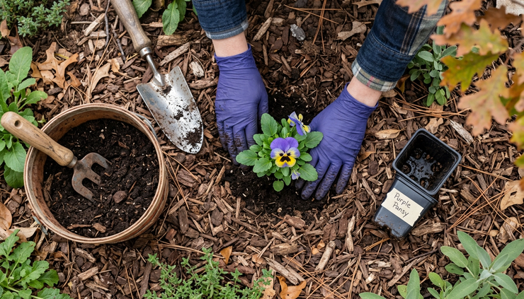 Overhead view of gloved hands planting a young fall annual in a mulched bed