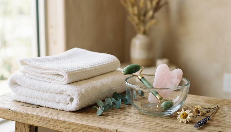 Close-up view of skincare tools arranged beside a bowl of clean towels