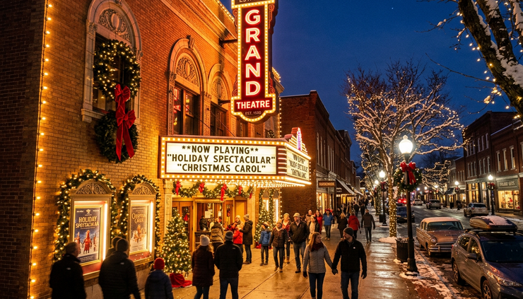 Wide-angle view of a historic theater marquee glowing during the holiday season