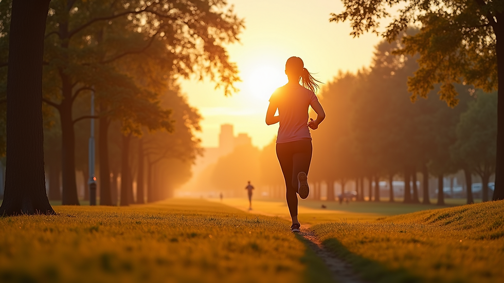 Wide angle view of a woman jogging in a park during sunrise