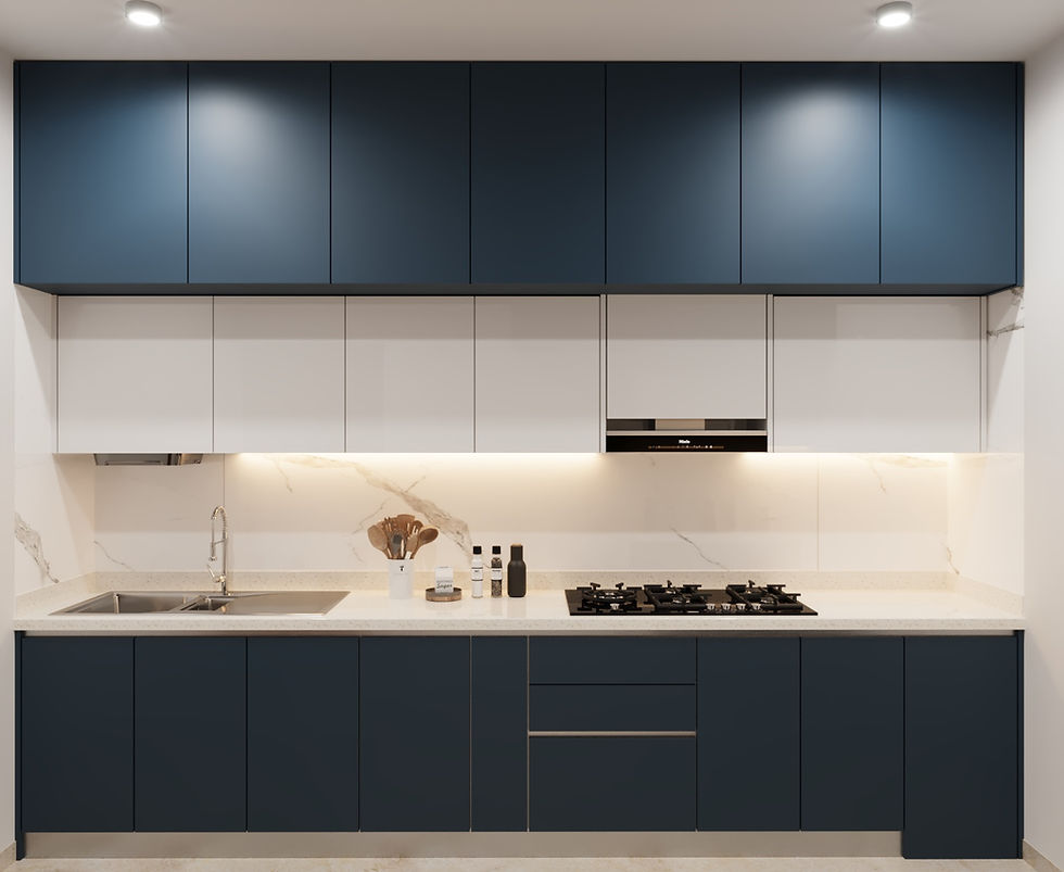 Modular kitchen design with mixed materials and steel