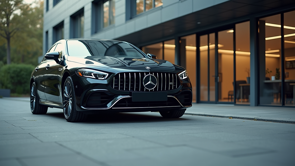 Eye-level view of a sleek black car parked outside a modern office building
