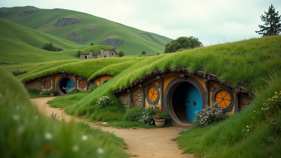Eye-level view of Hobbiton movie set with hobbit holes and green hills