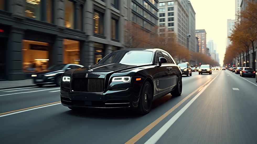 High angle view of a luxury black car driving on a city street during business hours