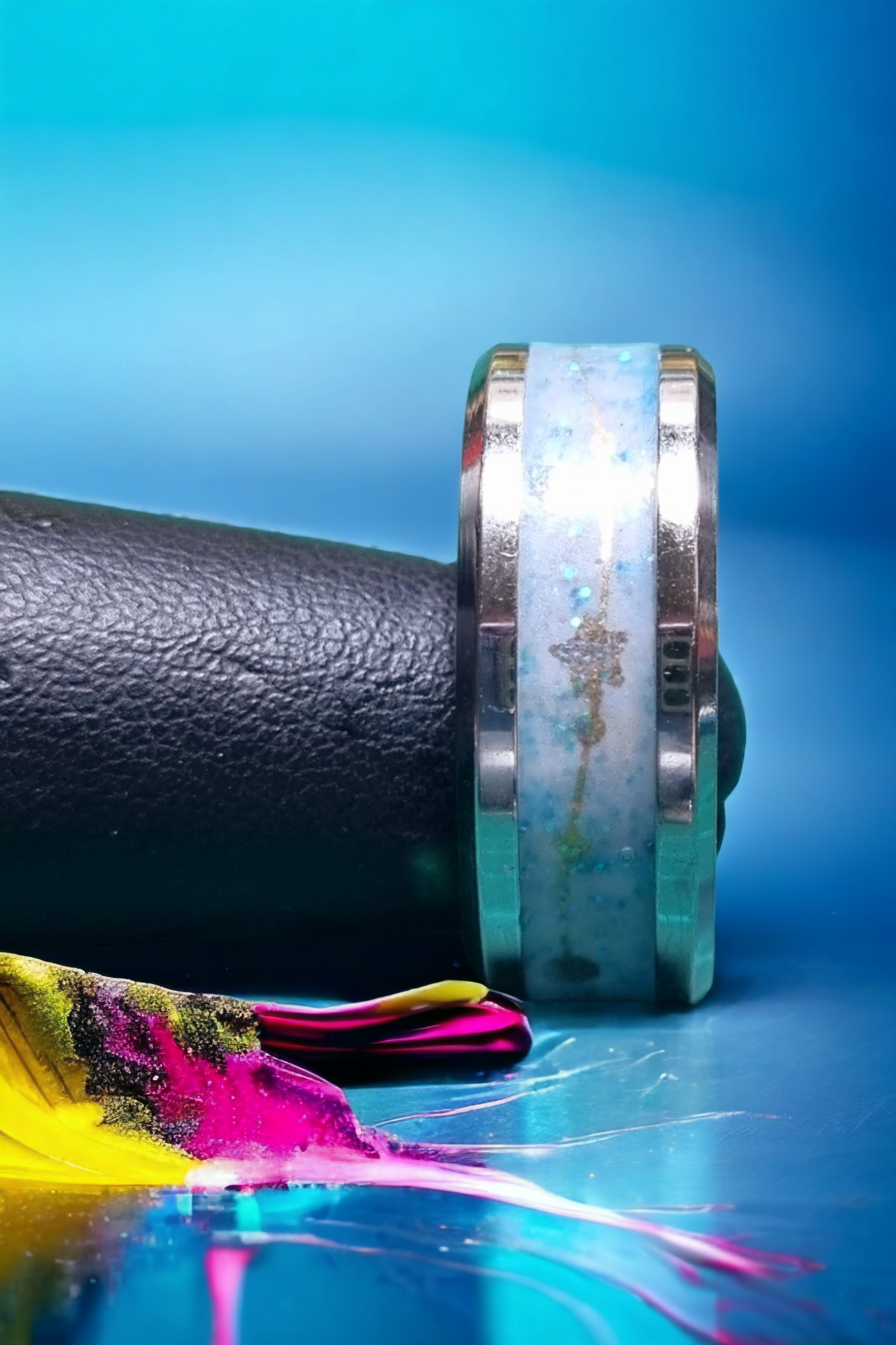 Pastel Blue Wave Washi Tungsten Carbide 8mm Bevel Edged Inlay Ring