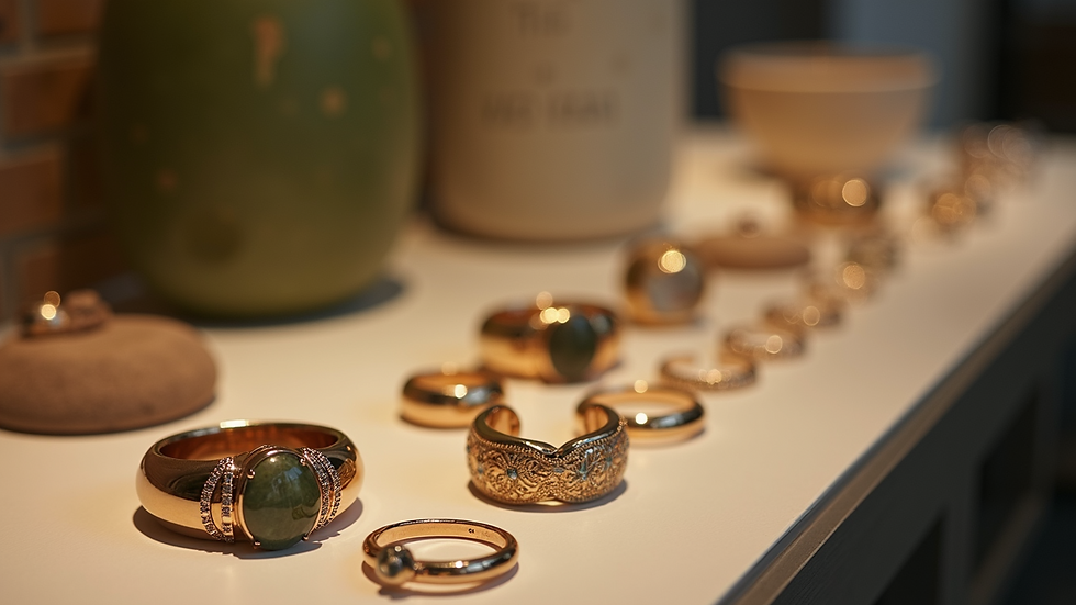 Eye-level view of sustainable jewellery display with rings and bracelets
