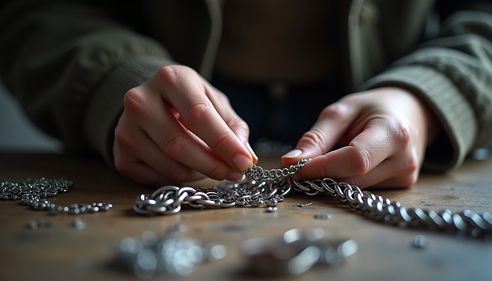 Eye-level view of artisan jeweller’s workspace with tools and metal rings