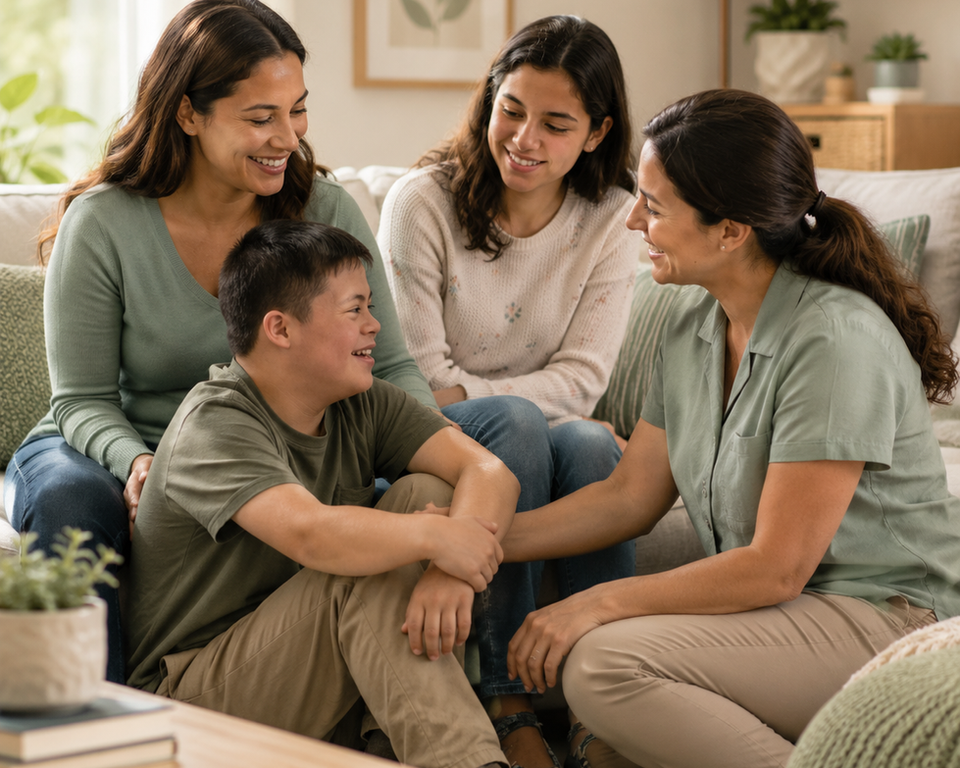 A warm, diverse family scene in a cozy living room with a child with Down syndrome smiling and interacting with two adults and a teen