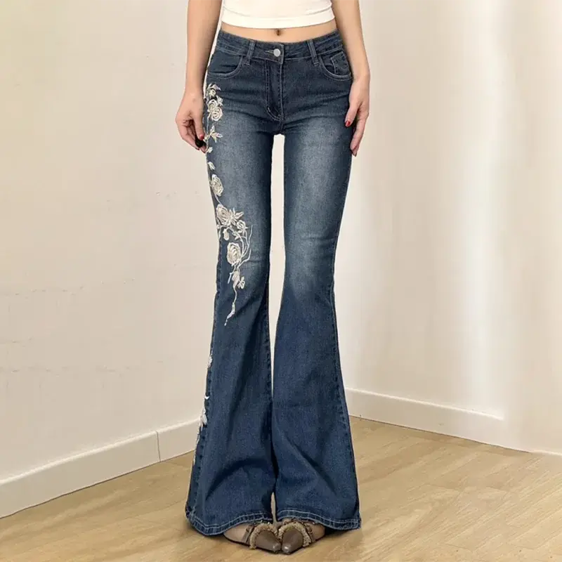 Thumbnail: Women Retro Y2k Jeans Baggy Floral Embroidery Jeans Vintage 2000s Low Rise Flare