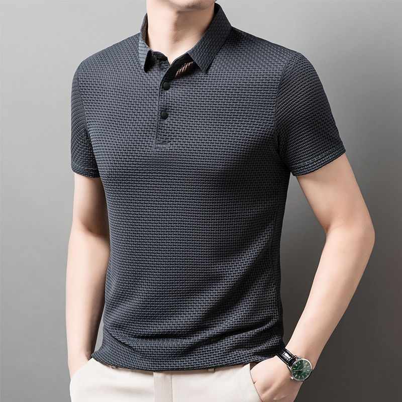 Thumbnail: New Men's Business Casual Short Sleeved Bone Flower Solid Color POLO Shirt Fashi